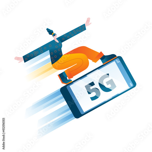 A girl is surfing at high speed on a mobile phone. The concept of a vector illustration on the topic of high-speed mobile Internet. A metaphor on the topic of 5G communication.