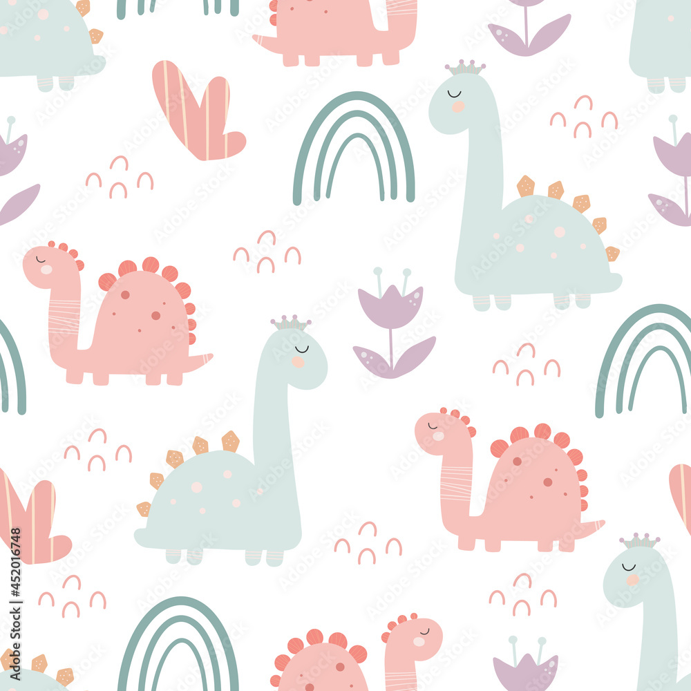 Fototapeta premium Cute dinosaur pattern - hand drawn childish dinosaur seamless pattern design. Vector illustration