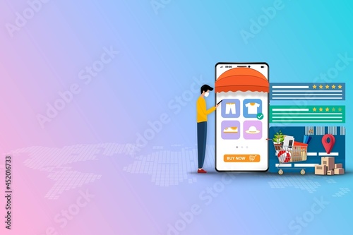 Concept of online shopping, young man hold a smartphone that the screen contain list of products, customer rating and reviews to order a new pants from phone application.