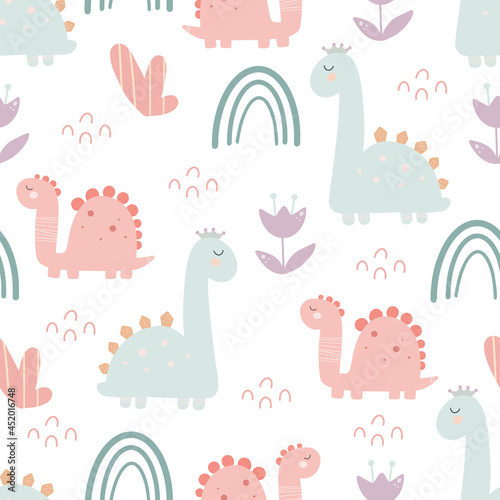 Cute dinosaur pattern - hand drawn childish dinosaur seamless pattern design. Vector illustration © Anna Kubasheva