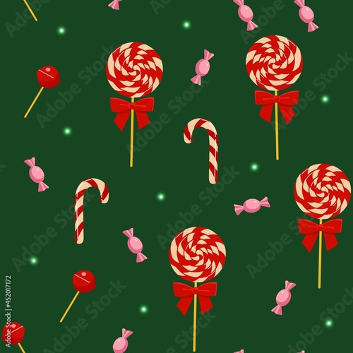 Seamless pattern with various candies. Christmas sweets. Cartoon style. Green background