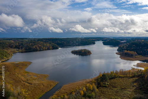 Landscape Of Karelia. Panorama of the lake and Islands from the drone. Nature of Russia. Lake district. Autumn landscape from the air. Big lake on a cloudy autumn day. Ladoga lake.