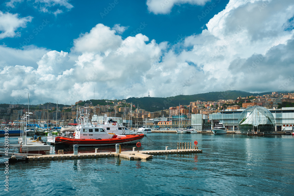 Port of Genoa Genova with yachts and boats. Genoa, Italy