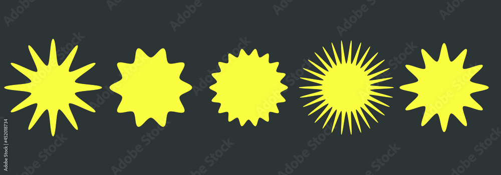 Sun icons set. Geometric elements collection. Sunburst stickers. Isolated abstract signs. Sun icons set. Geometric elements collection. Sunburst stickers. Isolated abstract signs.