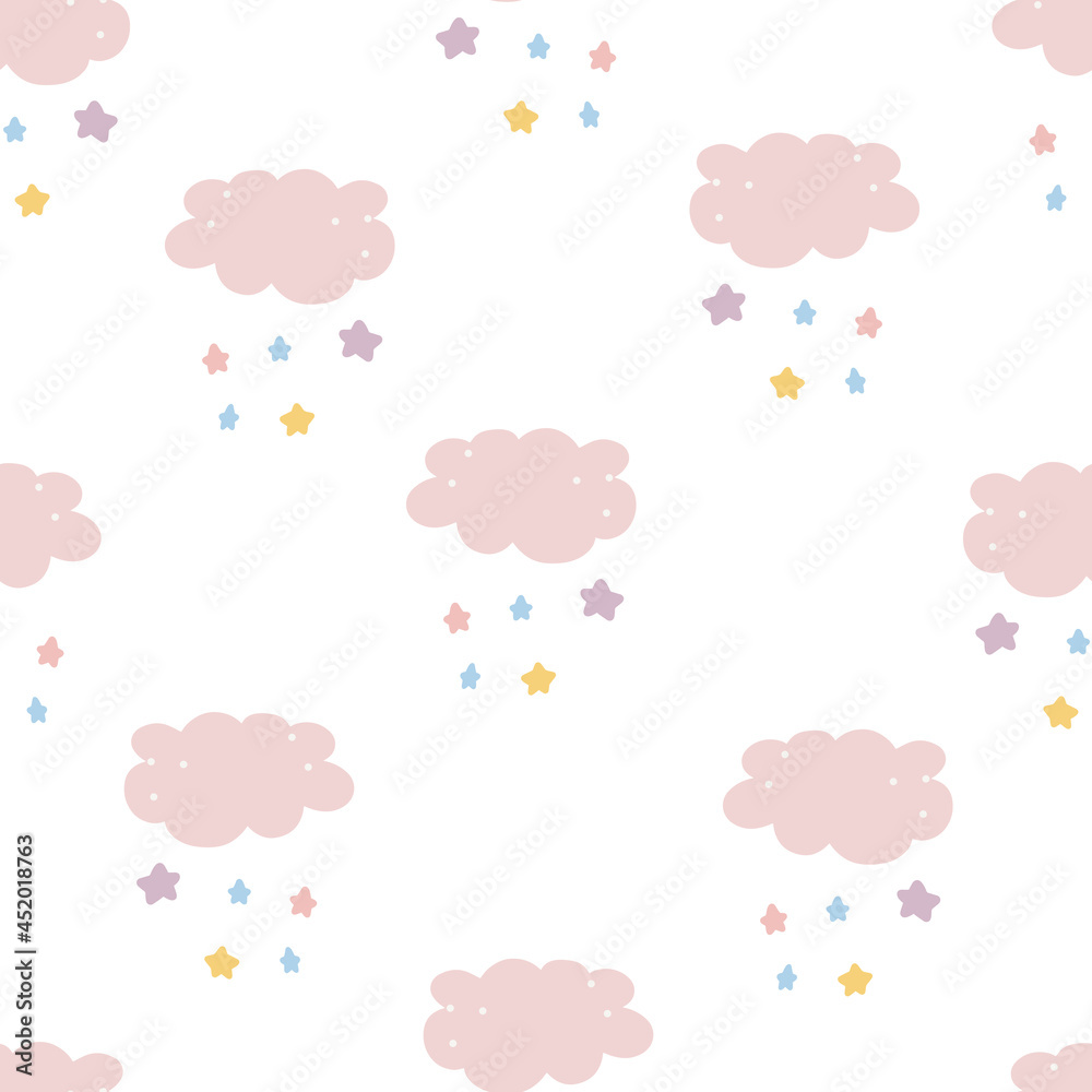 Cute Cloud Seamless Pattern Vector background cute lovely white cloud and stars Hand draw style