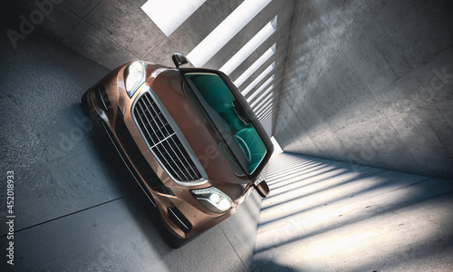 luxury car in modern concrete tunnel.