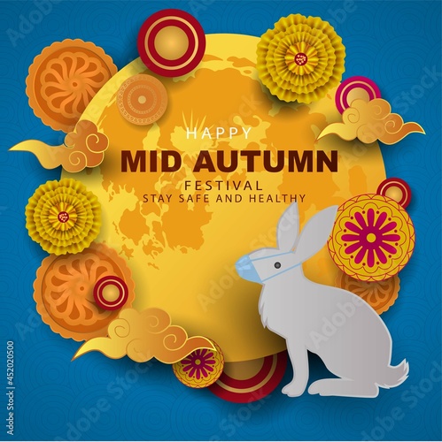 happy Mid Autumn Festival Greeting illustration in traditional Chinese art design, with rabbit silhouette and moon. covid 19, corona virus concept