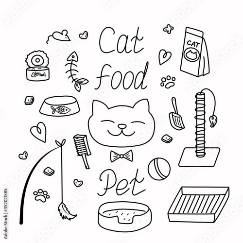 Goods for pets. Cat food, toys and pet care items. Doodle. Vector illustration.