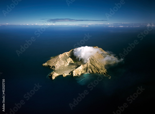 Aerial of White Island active Volcano smoking 