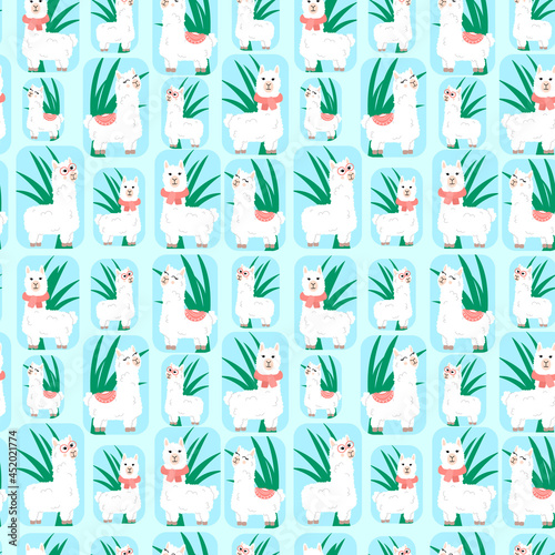 Seamless pattern of cute llamas in windows with grass on a blue background