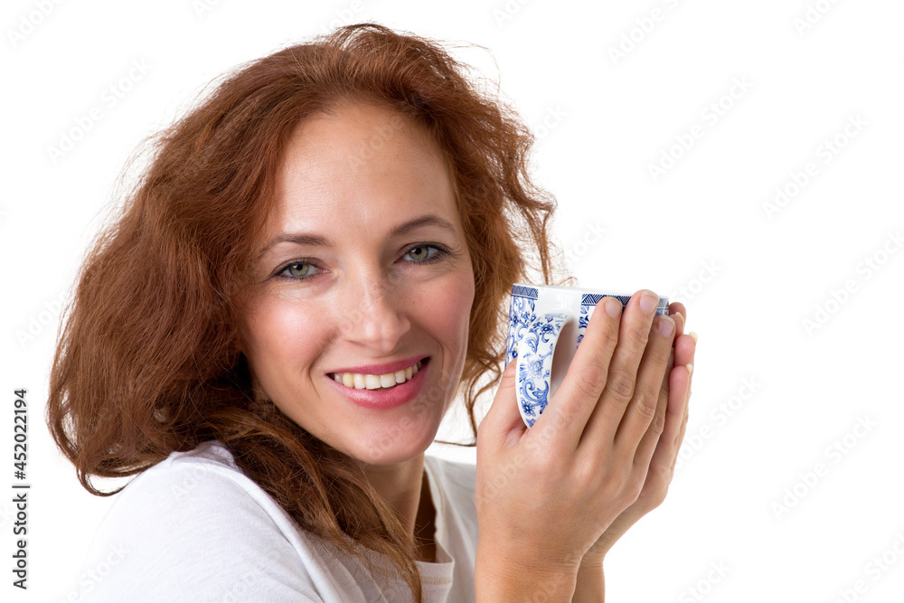 Smiling woman holding porcelain mug Smiling woman holding porcelain mug