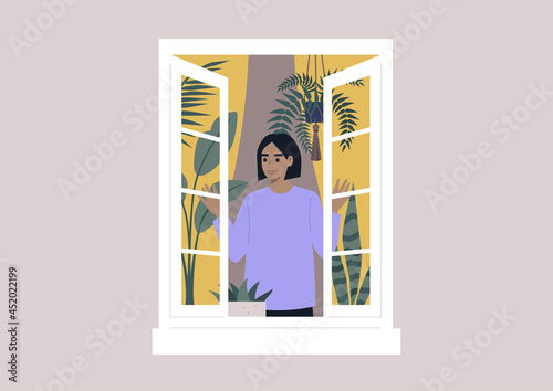 A young female character opening the window, morning rituals, daily lifestyle, house plants