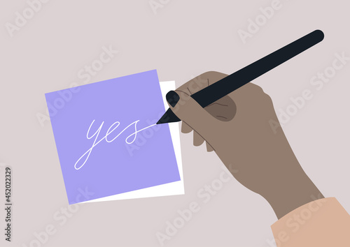 A word Yes written on a piece of paper, a graphic template