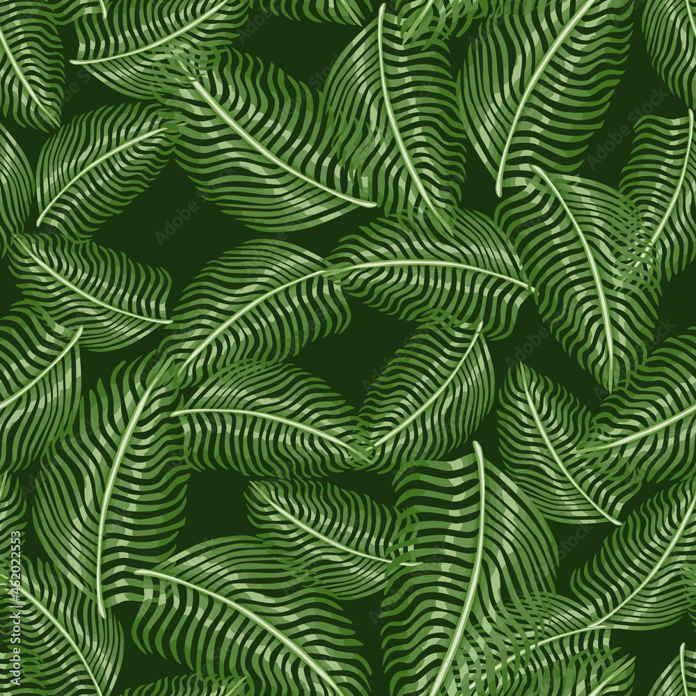 Random seamless pattern with fern leaf silhouettes exotic print. Tropical nature greenery backdrop.