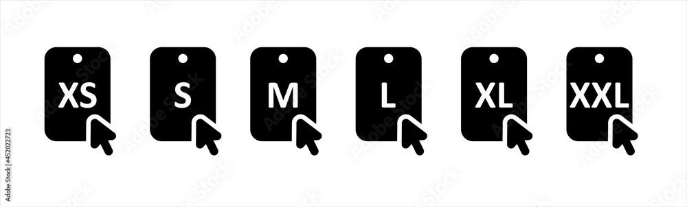 Clothing size labels set: XS, S, M, L, XL, XXL. Flat Vector illustration. choose clothes size labels. Clothing size labels set: XS, S, M, L, XL, XXL. Flat Vector illustration. choose clothes size labels.