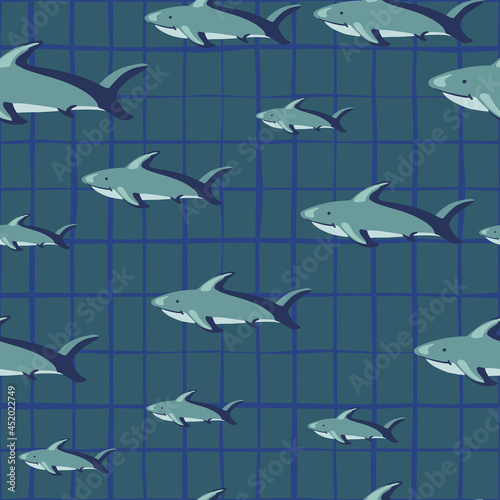 Random seamless pattern with shark fish silhouettes. Grey chequered background. Abstract geometric style.