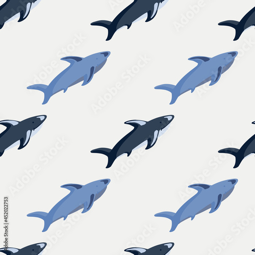 Animal seamless pattern with diagonal blue shark elements. Pastel grey background. Ocean zoo backdrop. © smth.design