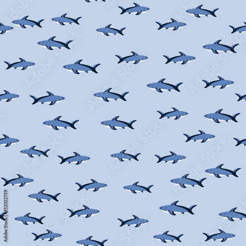 Scrapbook seamless pattern with small shark ornament. Pastel background. Nature wildlife backdrop.