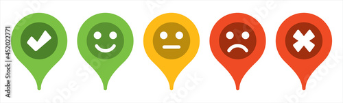 Modern map markers. location pin sign. Vector icon isolated on white background. Map marker Degree satisfaction with feelings emoticon. Modern vector design.	