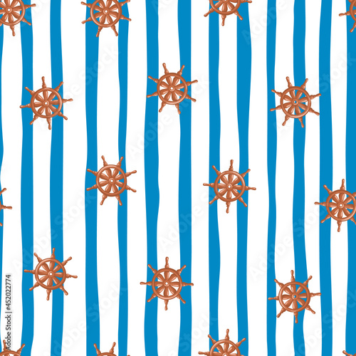 Orange random ship wheel silhouettes seamless doodle pattern. Blue and white striped background.