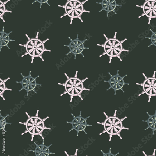 Old vintage seamless pattern in pirate style with grey and blue ship helm ornament. Dark background.