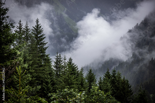 A rainy day in the Austrian Alps with deep clouds and fog - travel photography