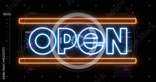 Image of the word open in white neon with circular scope digital interface on black background