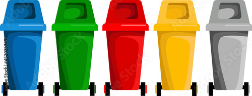 5 garbage cans. Blue, green, yellow, red, gray dumpster. Waste disposal. A dumpster. Separation of garbage. Vector illustration in a flat style