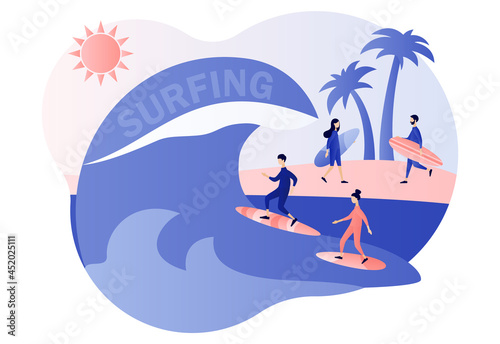 Surfing concept. Surf Club or Shop. Tiny people surfers in beachwear with surfboards in sea or ocean catch the wave. Modern flat cartoon style. Vector illustration on white background