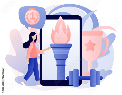 Sport games. Tiny girl sportswoman winner. Big Flame as metaphore athletic competition on smartphone screen . Modern flat cartoon style. Vector illustration on white background