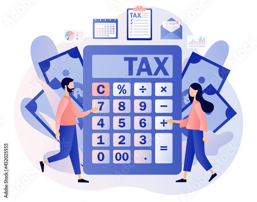 Calculator with Tax payment. Business concept. Tiny people filling tax form and pay bills. Financial charge, obligatory payment calculating. Modern flat cartoon style. Vector illustration  photo