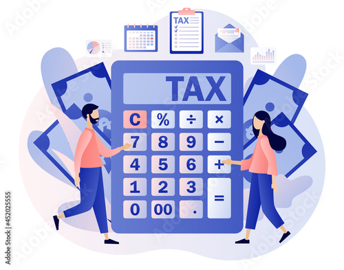 Calculator with Tax payment. Business concept. Tiny people filling tax form and pay bills. Financial charge, obligatory payment calculating. Modern flat cartoon style. Vector illustration 