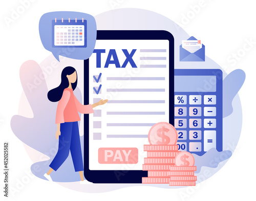 Online Tax payment. Business concept. Tiny woman filling tax form and pay bills on smartphone. Financial charge, obligatory payment calculating. Modern flat cartoon style. Vector illustration 