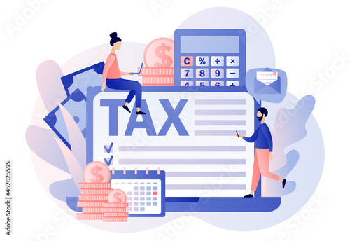 Online Tax payment. Business concept. Tiny people filling tax form and pay bills on computer website. Financial charge, obligatory payment calculating. Modern flat cartoon style. Vector illustration