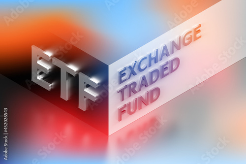 Business financial illustration with abbreviation ETF standing for Exchange traded Fund arranged on corner in glowing red blue colors.
