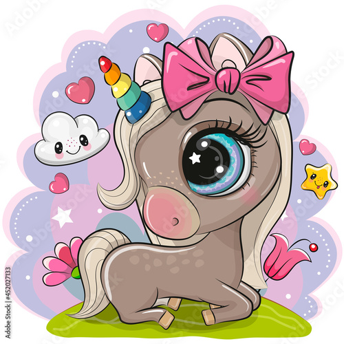 Cartoon Unicorn with cloud and star on a meadow