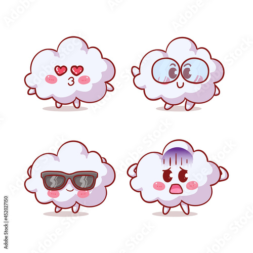 Cute and Kawaii Cloud Sticker Illustration Set With Various Activity and Expression (kiss, nerd, sunglasses, fearful) for mascot