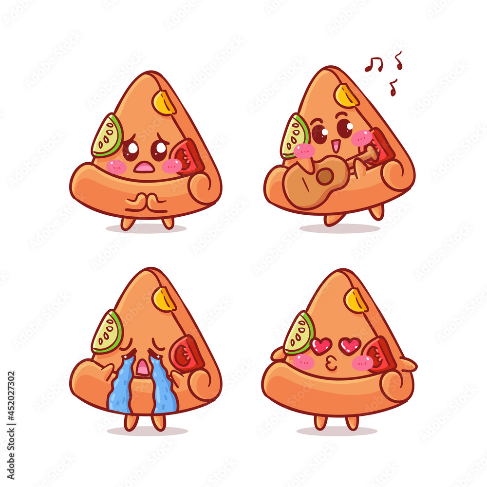 Cute and Kawaii Pizza Sticker Illustration Set With Various Activity and Expression (apologize, play guitar, cry, kiss) for mascot Cute and Kawaii Pizza Sticker Illustration Set With Various Activity and Expression (apologize, play guitar, cry, kiss) for mascot