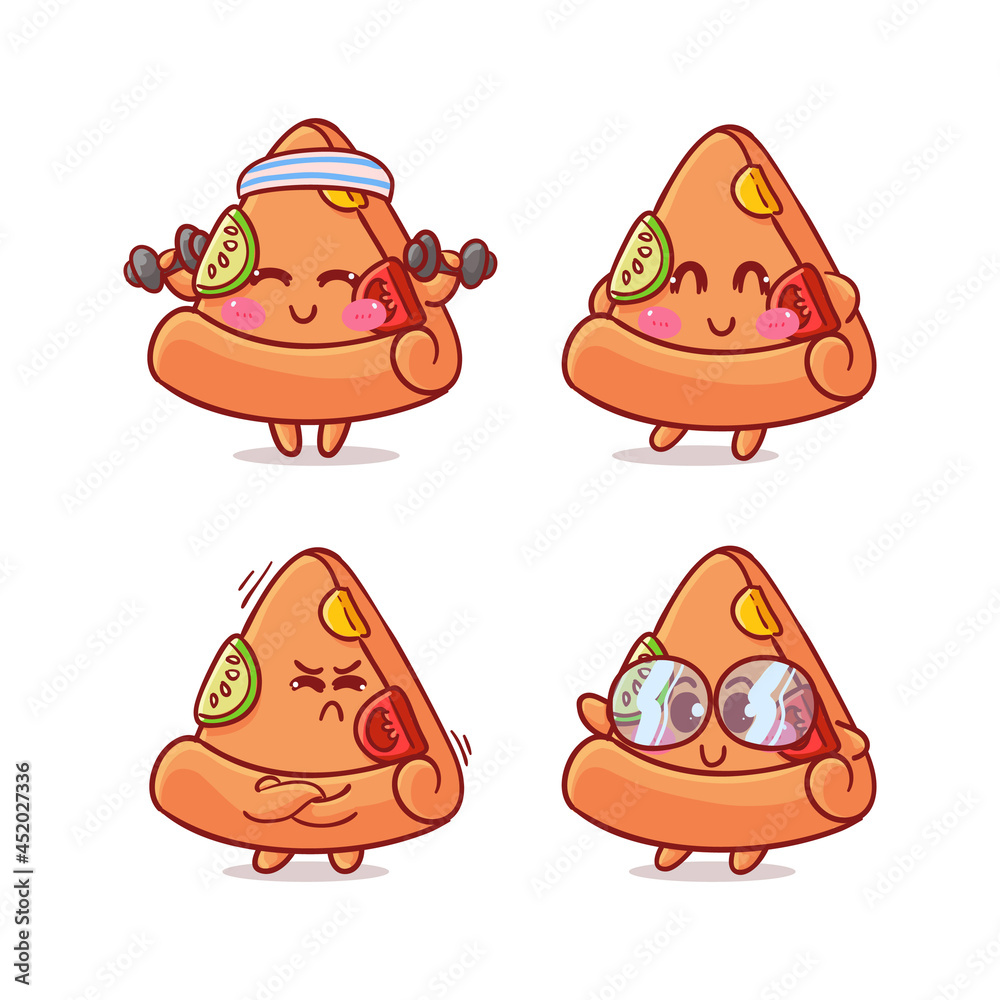 Cute and Kawaii Pizza Sticker Illustration Set With Various Activity and Expression (workout, shy, happy, upset, nerd) for mascot Cute and Kawaii Pizza Sticker Illustration Set With Various Activity and Expression (workout, shy, happy, upset, nerd) for mascot