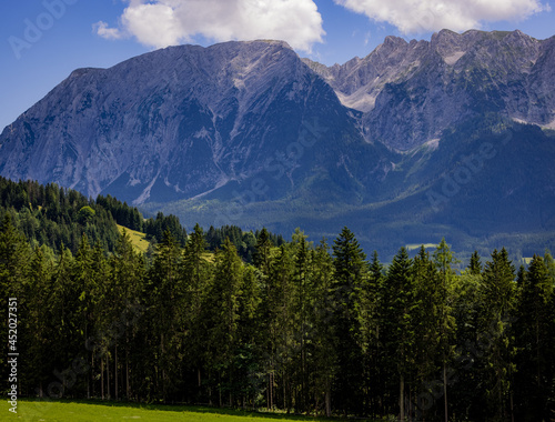 Typical panoramic view in the Austrian Alps with mountains and fir trees - Mount Loser Altaussee - travel photography