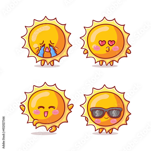 Cute and Kawaii Sun Sticker Illustration Set With Various Activity and Expression (cry, kiss, happy, hooray, sunglasses) for mascot