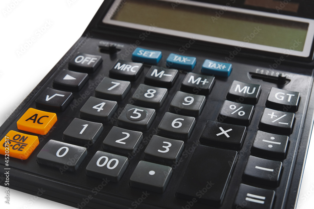 Black Keypad of calculator on white background ,Selective focus Black Keypad of calculator on white background ,Selective focus