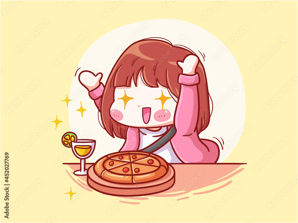 Cute and kawaii Girl Excited To Eat Food manga chibi Illustration Stock  Vector | Adobe Stock