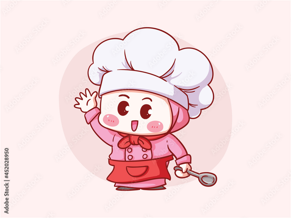 Cute and kawaii muslim female chef wearing Hijab holding spoon Manga Chibi Illustration