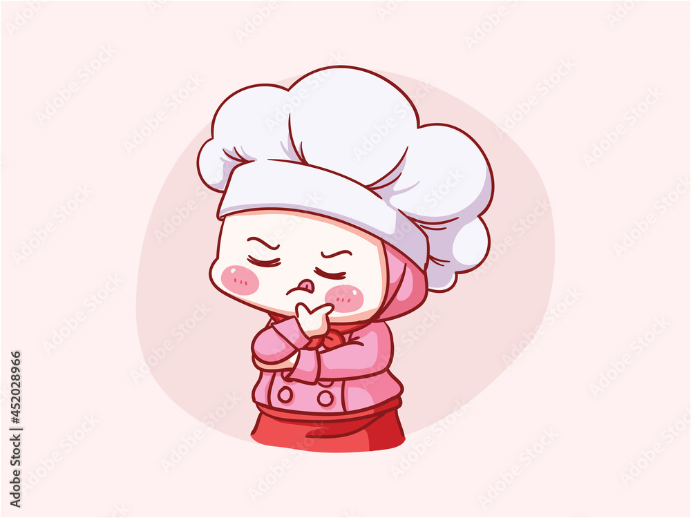 Cute and kawaii muslim female chef wearing Hijab Thinking Pose Manga Chibi Illustration Cute and kawaii muslim female chef wearing Hijab Thinking Pose Manga Chibi Illustration