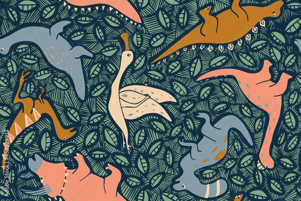 Dinosaurs and leaves linocut seamless pattern - design for fabric, wrapping, textile, wallpaper, background. Dinosaurs and leaves linocut seamless pattern - design for fabric, wrapping, textile, wallpaper, background.