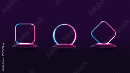 Set of podiums with gradient neon frames on background for your arts