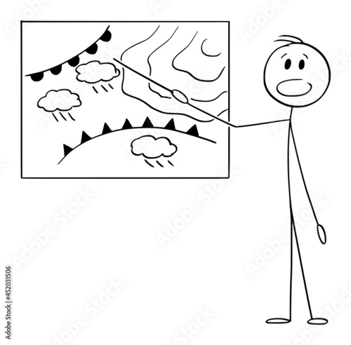 Weather News Reporter Informing in Television About Rainy Weather, Vector Cartoon Stick Figure Illustration