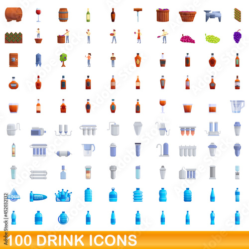100 drink icons set. Cartoon illustration of 100 drink icons vector set isolated on white background