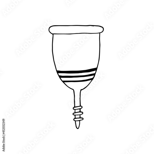 Hand drawn of a menstrual cup in doodle style. Isolated on white background. Hygiene product during menstruation. Zero waste. Female cycle. Women's health and protection.